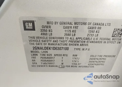 2013 Chevrolet Equinox 1Lt z USA, uszkodzony, nr VIN 2GNALDEK1D6307100